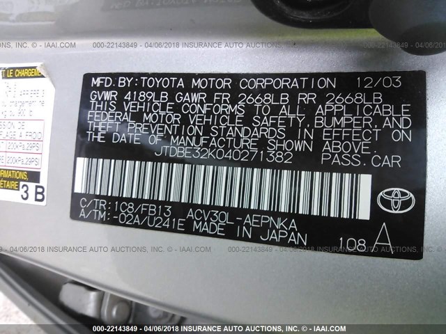 JTDBE32K040271382 - 2004 TOYOTA CAMRY LE/XLE SILVER photo 9