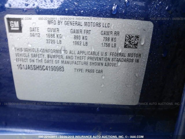 1G1JA5SH5C4190983 - 2012 CHEVROLET SONIC LS 蓝色 照片 9