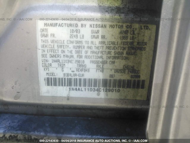 1N4AL11D34C129010 - 2004 NISSAN ALTIMA S/SL SILVER photo 9