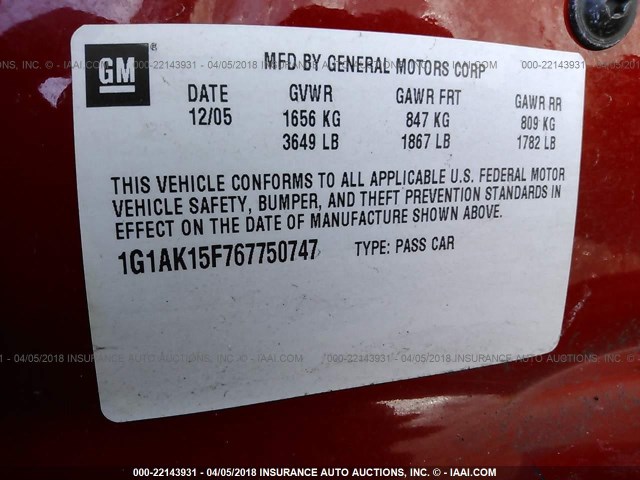 1G1AK15F767750747 - 2006 CHEVROLET COBALT LS RED photo 9