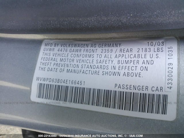 WVWPD63B04E166451 - 2004 VOLKSWAGEN PASSAT GLS SILVER photo 9