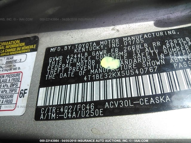 4T1BE32KX5U540767 - 2005 TOYOTA CAMRY LE/XLE/SE GOLD photo 9