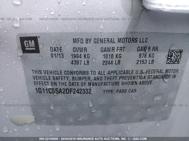 1G11C5SA2DF242332 - 2013 CHEVROLET MALIBU 1LT 灰色 照片 9