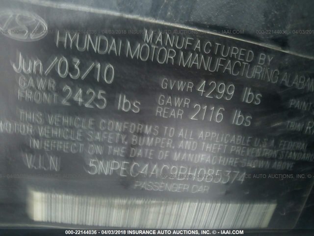 5NPEC4AC9BH085374 - 2011 HYUNDAI SONATA SE/LIMITED BLACK photo 9