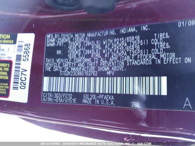 5TDZK23C88S162762 - 2008 TOYOTA SIENNA CE/LE RED photo 9