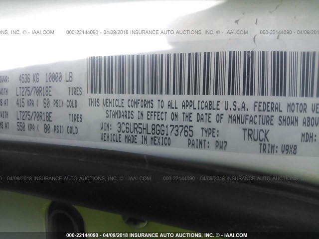 3C6UR5HL8GG173765 - 2016 RAM 2500 ST WHITE photo 9