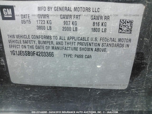 1G1JE5SB9F4203366 - 2015 CHEVROLET SONIC LTZ GRAY photo 9