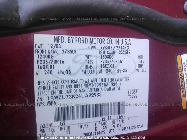 1FMZU73K24UA92983 - 2004 FORD EXPLORER XLT/XLT SPORT/NBX MAROON photo 9