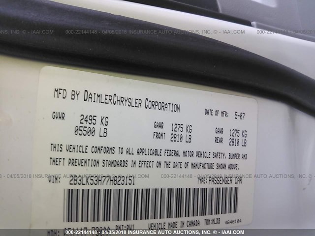 2B3LK53H77H823151 - 2007 DODGE CHARGER R/T 白色 照片 9