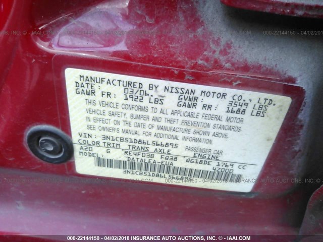 3N1CB51D86L566895 - 2006 NISSAN SENTRA 1.8/1.8S RED photo 9