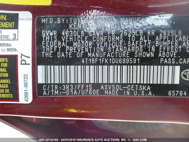 4T1BF1FK1DU699591 - 2013 TOYOTA CAMRY L/SE/LE/XLE წითელი ფოტო 9