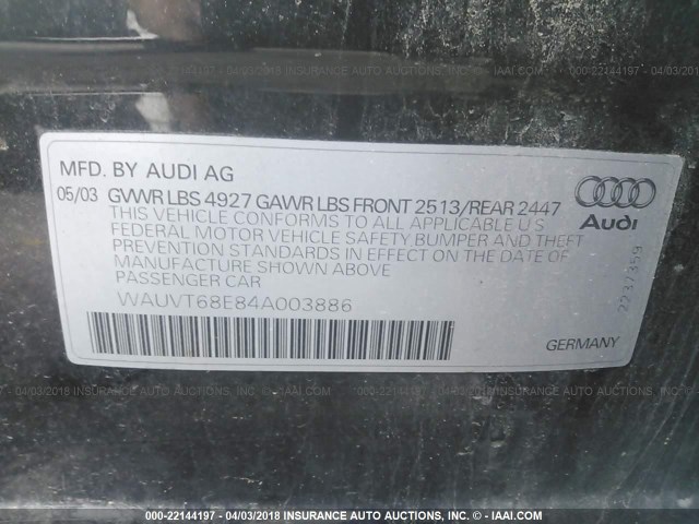 WAUVT68E84A003886 - 2004 AUDI A4 3.0 AVANT QUATTRO BLACK photo 9