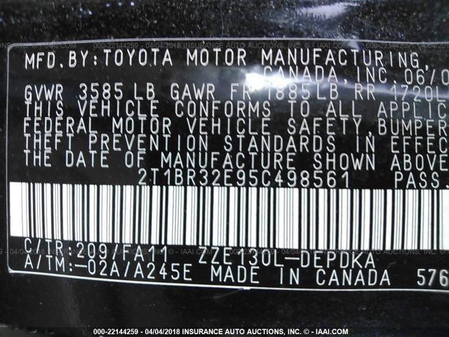 2T1BR32E95C498561 - 2005 TOYOTA COROLLA CE/LE/S BLACK photo 9