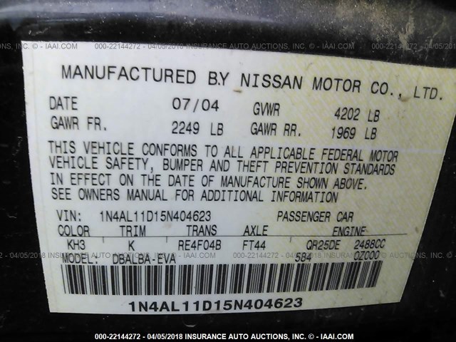 1N4AL11D15N404623 - 2005 NISSAN ALTIMA S/SL BLACK photo 9