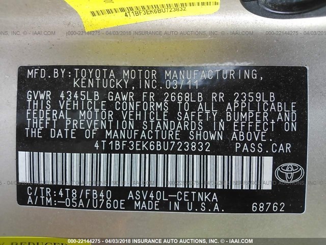 4T1BF3EK6BU723832 - 2011 TOYOTA CAMRY SE/LE/XLE Алтын фото 9