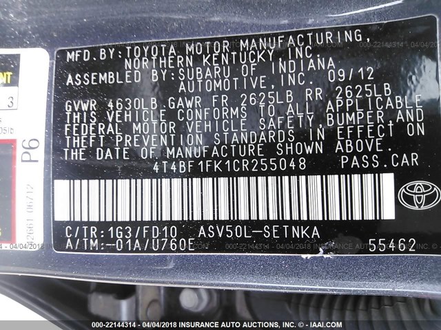 4T4BF1FK1CR255048 - 2012 TOYOTA CAMRY SE/LE/XLE GRAY photo 9