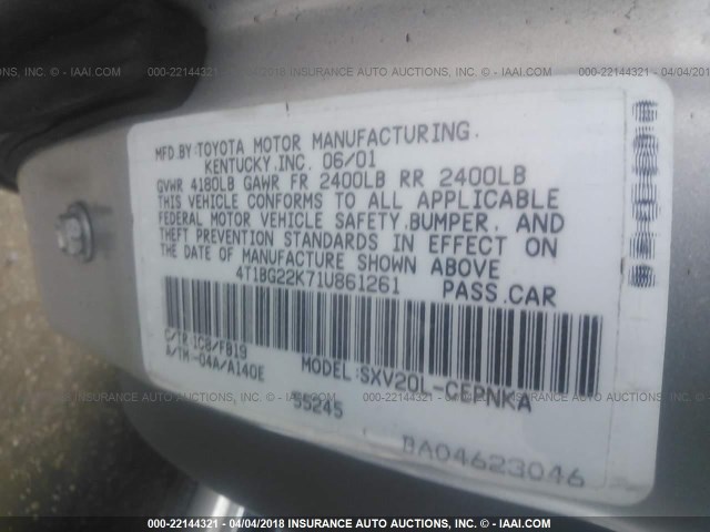 4T1BG22K71U861261 - 2001 TOYOTA CAMRY CE/LE/XLE 银色 照片 9