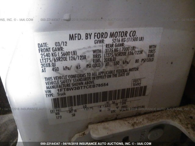 1FT8W3BT7CEB78554 - 2012 FORD F350 SUPER DUTY WHITE photo 10