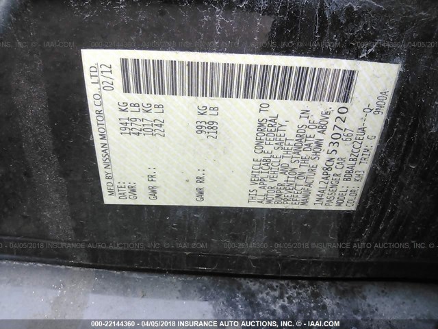 1N4AL2AP8CN530720 - 2012 NISSAN ALTIMA S BLACK photo 9