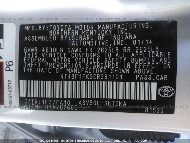 4T4BF1FK2ER381101 - 2014 TOYOTA CAMRY L/SE/LE/XLE 银色 照片 9