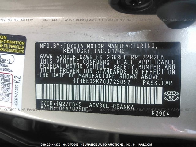 4T1BE32K76U723092 - 2006 TOYOTA CAMRY LE/XLE/SE GOLD photo 9