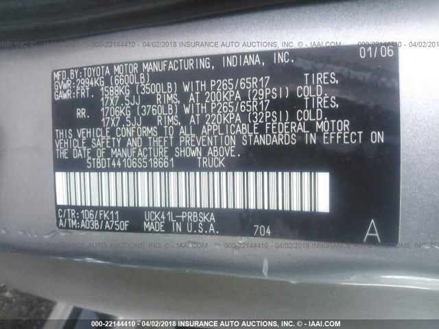 5TBDT44106S518661 - 2006 TOYOTA TUNDRA DOUBLE CAB SR5 GRAY photo 9