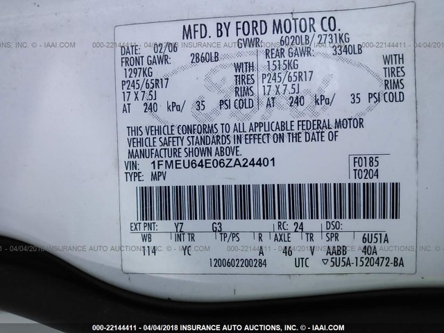 1FMEU64E06ZA24401 - 2006 FORD EXPLORER EDDIE BAUER WHITE photo 9