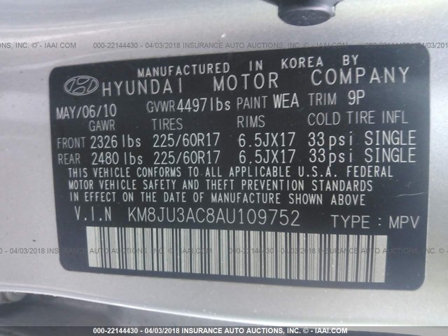 KM8JU3AC8AU109752 - 2010 HYUNDAI TUCSON GLS/LIMITED SILVER photo 9