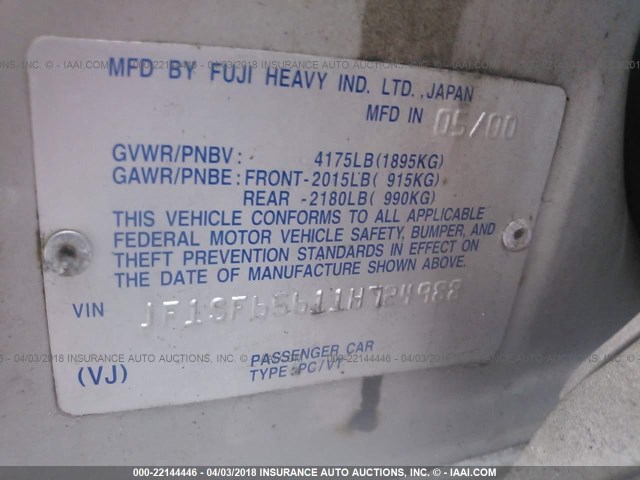 JF1SF65611H724988 - 2001 SUBARU FORESTER S SILVER photo 9