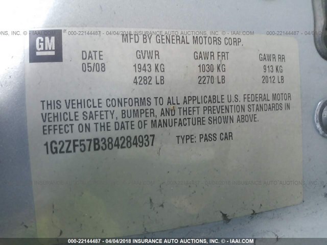 1G2ZF57B384284937 - 2008 PONTIAC G6 VALUE LEADER/BASE BLUE photo 9