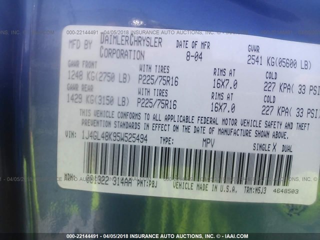 1J4GL48K95W525494 - 2005 JEEP LIBERTY SPORT Mavi foto 9