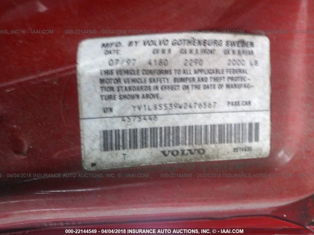 YV1LS5539W2476567 - 1998 VOLVO S70 RED photo 9