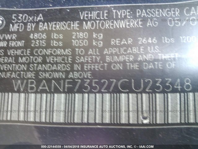 WBANF73527CU23348 - 2007 BMW 530 XI Siyah fotoğraf 9