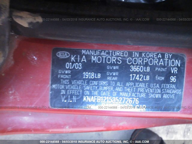 KNAFB121535272676 - 2003 KIA SPECTRA LS 红色 照片 9