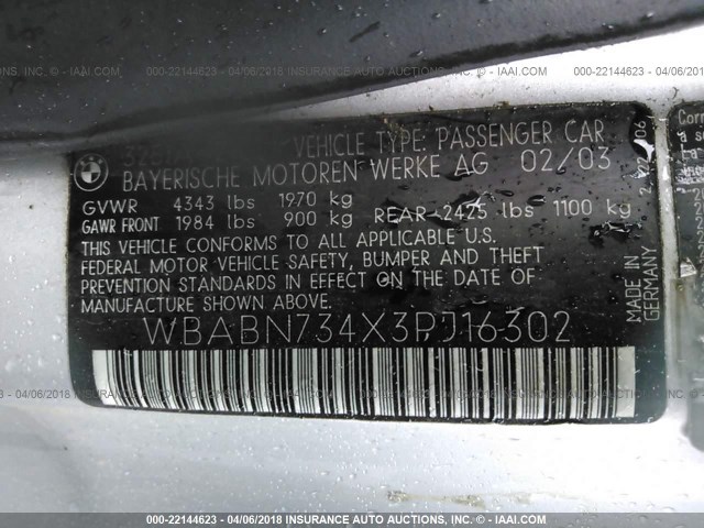 WBABN734X3PJ16302 - 2003 BMW 325 CI SILVER photo 9