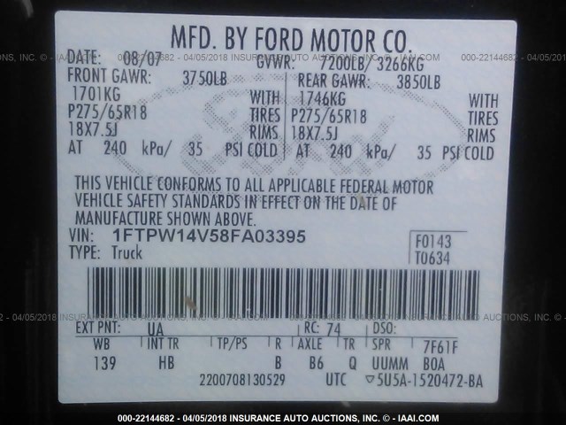 1FTPW14V58FA03395 - 2008 FORD F150 SUPERCREW BLACK photo 9