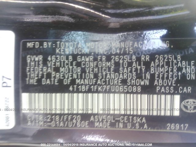 4T1BF1FK7FU065088 - 2015 TOYOTA CAMRY LE/XLE/SE/XSE BLACK photo 9