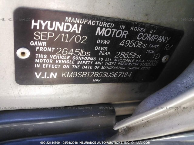 KM8SB12B53U367184 - 2003 HYUNDAI SANTA FE GL SILVER photo 9