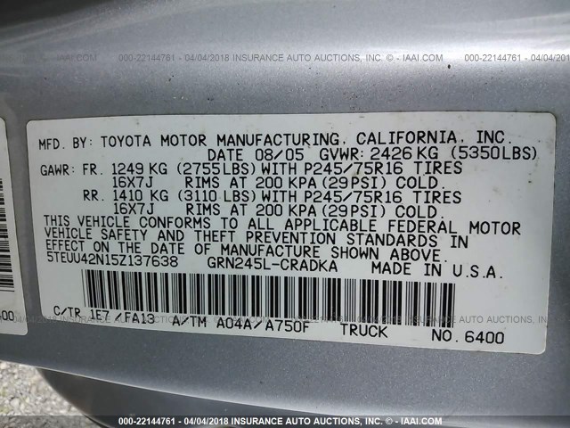 5TEUU42N15Z137638 - 2005 TOYOTA TACOMA ACCESS CAB Արծաթագույն լուսանկար 9