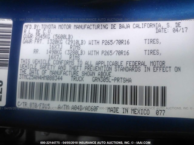 3TMCZ5AN4HM088344 - 2017 TOYOTA TACOMA DBL CAB/SR/TRDSPT/OR/PRO ლურჯი ფოტო 9