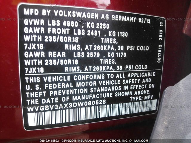 WVGBV3AX3DW080528 - 2013 VOLKSWAGEN TIGUAN S/SE/SEL RED photo 9