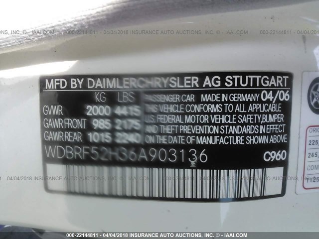 WDBRF52H36A903136 - 2006 MERCEDES-BENZ C GENERATION 2006 230 WHITE photo 9