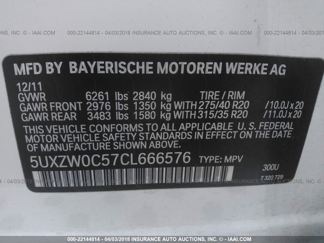 5UXZW0C57CL666576 - 2012 BMW X5 XDRIVE35D WHITE photo 9