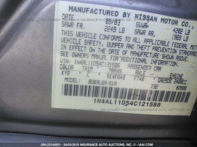 1N4AL11D54C121586 - 2004 NISSAN ALTIMA S/SL TAN photo 9