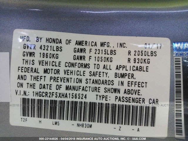 1HGCR2F5XHA156524 - 2017 HONDA ACCORD SPORT 银色 照片 9
