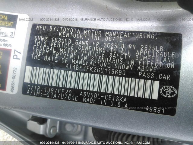 4T1BF1FK2GU119690 - 2016 TOYOTA CAMRY LE/XLE/SE/XSE ვერცხლისფერი ფოტო 9