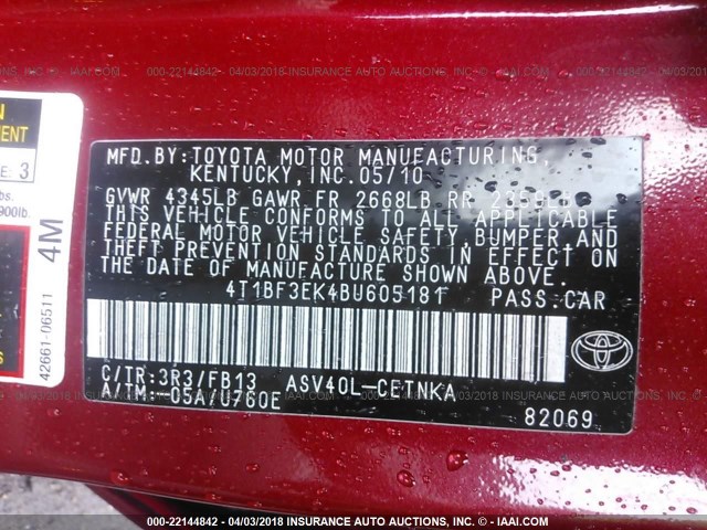 4T1BF3EK4BU605181 - 2011 TOYOTA CAMRY SE/LE/XLE Красный фото 9