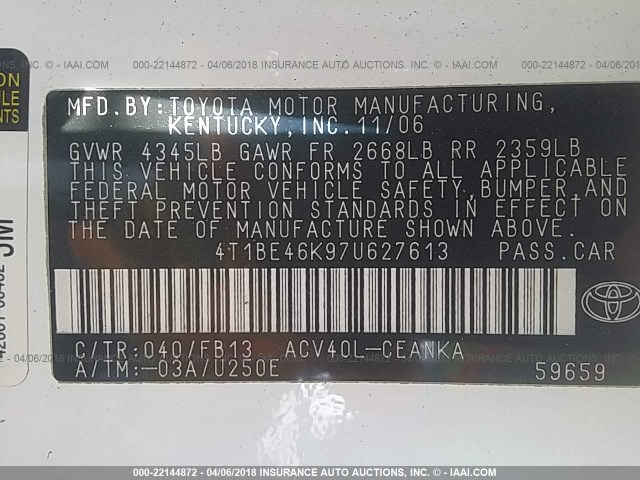 4T1BE46K97U627613 - 2007 TOYOTA CAMRY NEW GENERAT CE/LE/XLE/SE WHITE photo 9