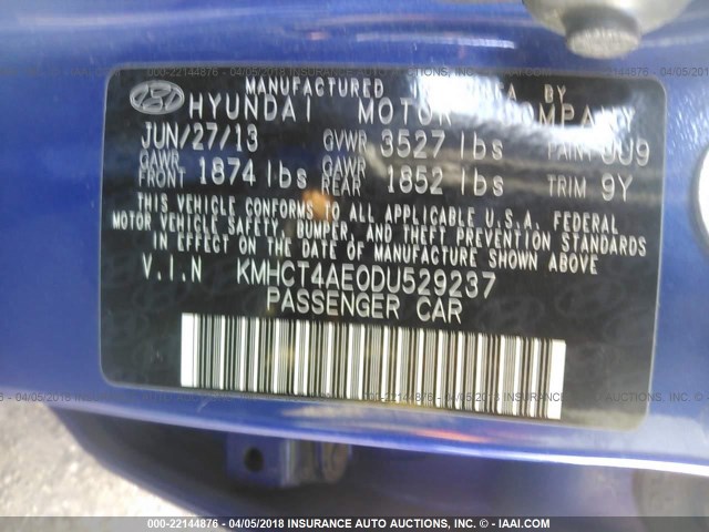 KMHCT4AE0DU529237 - 2013 HYUNDAI ACCENT GLS/GS BLUE photo 9