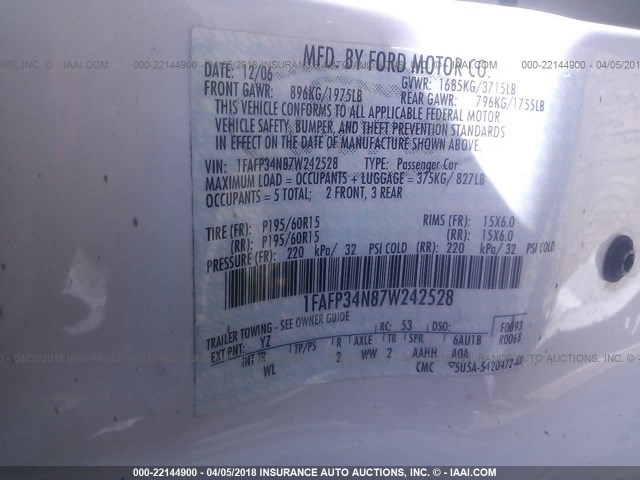 1FAFP34N87W242528 - 2007 FORD FOCUS ZX4/S/SE/SES 白色 照片 9